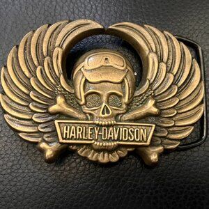 Vintage 1990 Harley-Davidson Winged Skull Belt Buckle Solid Brass Baron 6187